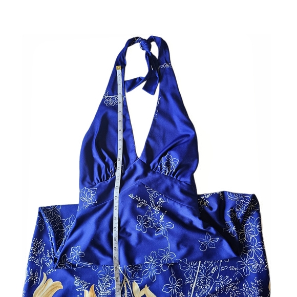 Nani Of Hawaii Vintage Elegant Blue and Cream Floral Maxi Halter Dress - Picture 9 of 15